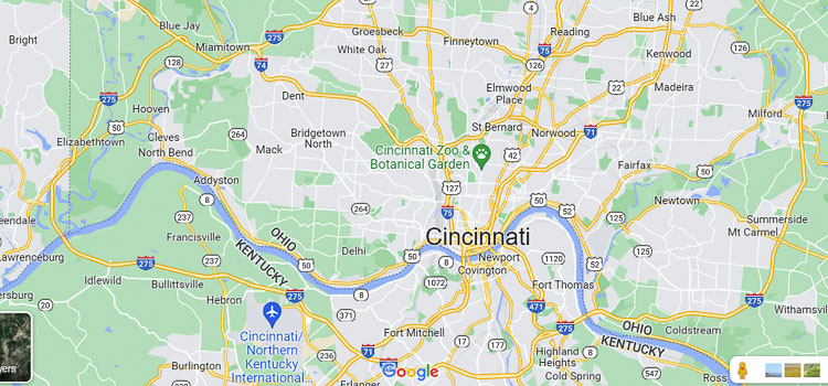There are seven bridges over the Ohio River between CIncinnati and northern Kentucky and the states want to add an eighth bridge. Cincinnati also has a “ring road” with I-275 serving as a bypass so vehicles are not forced into the downtown area, adding to traffic congestion. Graphic courtesy Google maps