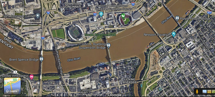 Cincinnati and northern Kentucky have seven bridges over the Ohio River connecting the two states. Five are in the downtown area. The two states are seeking $2 billion in IIJA funds to build an additional bridge on I-71/75, competing with the IBR program for funding. Graphic courtesy Google maps