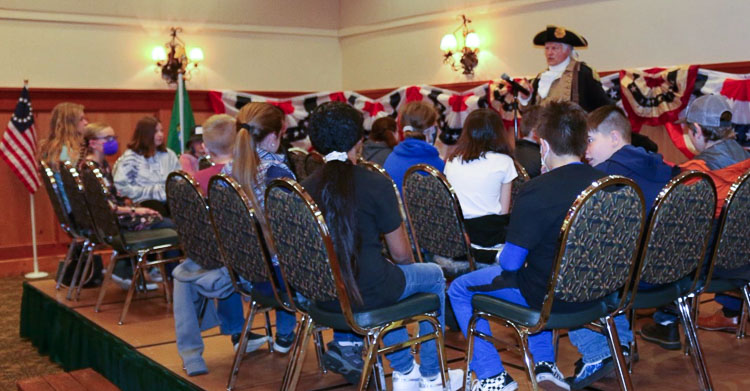 George Washington speaks to fifth grade students. Photo courtesy Ft. Vancouver Sons of The American Revolution