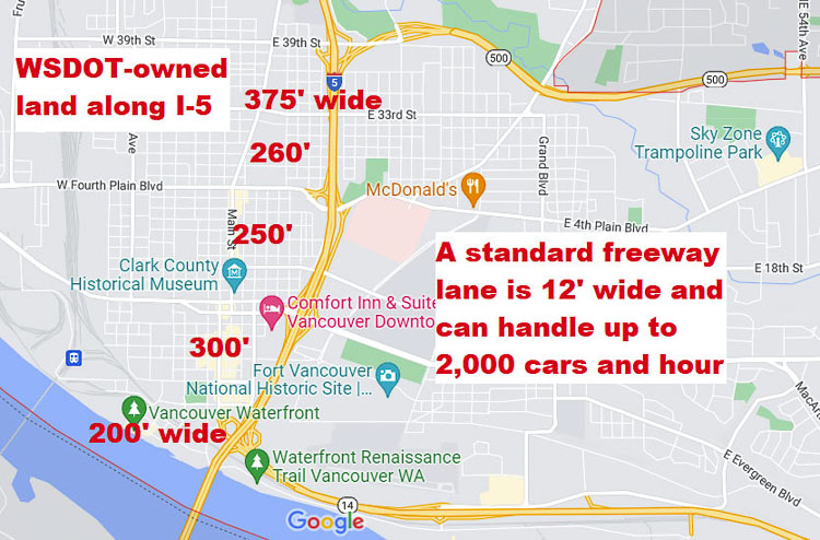 The width of WSDOT owned property along I-5 from the Columbia River to SR-500 varies from about 200 feet to 375 feet, using an online tool for measurement. The IBR team did not provide details on the land available to them in their proposed “solution.” Graphic by John Ley