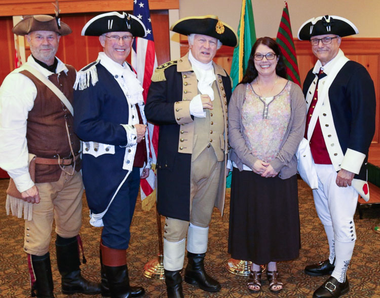 Linda Korum, General Washington and Sons of The American Revolution Compatriots. Photo courtesy Ft. Vancouver Sons of The American Revolution
