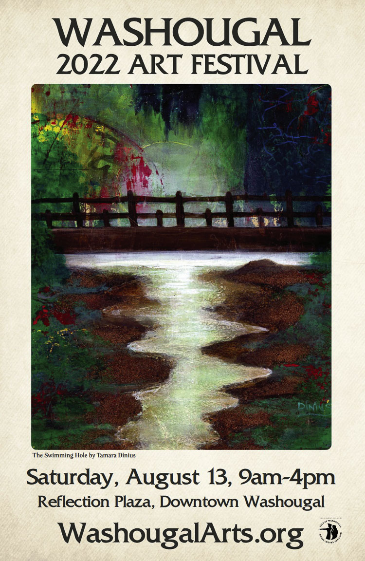 Local multimedia artist Tamara Dinius’ piece, The Swimming Hole, has been selected as the featured artwork for the 2022 Washougal Art Festival promotional materials. The festival will be held on Sat., Aug. 13 at Reflection Plaza in downtown Washougal. Photo courtesy Washougal Arts and Culture Alliance