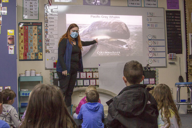 Field Educator Kelly McKenzie taught Woodland's elementary students about Pacific Gray Whales. Photo courtesy Woodland School District