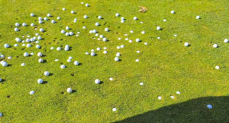 Some golf balls plugged into the soft, wet grass, while others bounced and scattered on the 18th fairway at Tri-Mountain Golf Course. Photo by Paul Valencia