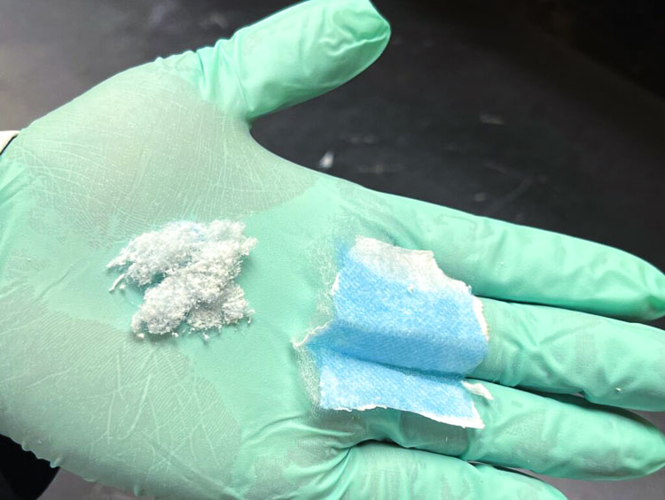 The WSU researchers developed a process to fabricate tiny mask fibers, ranging from five to 30 millimeters in length, and then added them to cement concrete to strengthen it and to prevent its cracking. Photo courtesy Washington State University