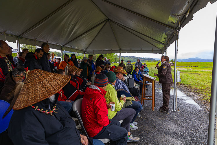 Juliette Fernandez, refuge manager, speaks to a gathering Saturday at the official reopening of the Steigerwald Lake National Wildlife Refuge. Photo by Mike Schultz