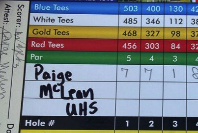 Paige McLean’s scorecard shows the 1 on the third hole. Photo courtesy Paige McLean