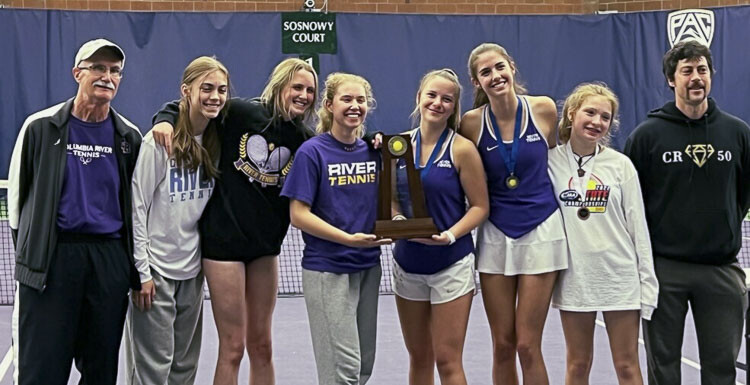 The Columbia River girls tennis team won the 2022 Class 2A team championship. Pictured: Assistant coach Jim Sevall, athletes Evie Wenger, Sydney Dreves, Ari Domniti, Grace Rudi, Lauren Dreves, Emma Lungwitz, and head coach Kevin Erickson. Photo courtesy Kevin Erickson
