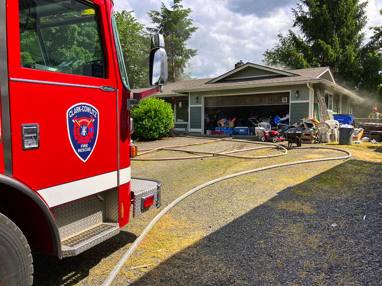 Clark-Cowlitz Fire Rescue Engine 26 is shown here operating at the residential structure fire. Photo courtesy Clark-Cowlitz Fire Rescue