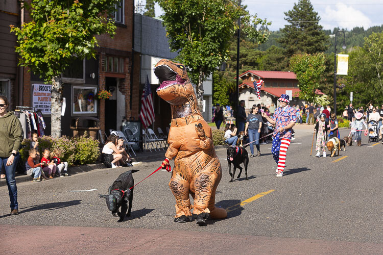 A person in a dinosaur suit, walking a dog wearing a dinosaur costume? Normal has returned to Planters Days in Woodland. Photo by Mike Schultz