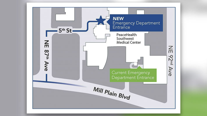PeaceHealth Southwest Medical Center is expanding its emergency department and during its two-year construction project it will temporarily relocate its patient walk-in and ambulance entrances starting Tuesday (Aug. 2).