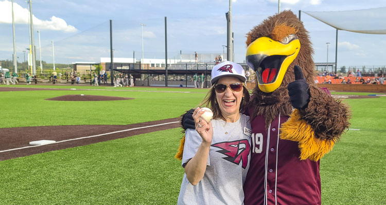 Ridgefield Mayor Jennifer Lindsay and Rally the Raptor are all smiles before a Ridgefield Raptors game earlier this season. The Raptors are holding a military appreciation day on Sunday. Photo by Paul Valencia