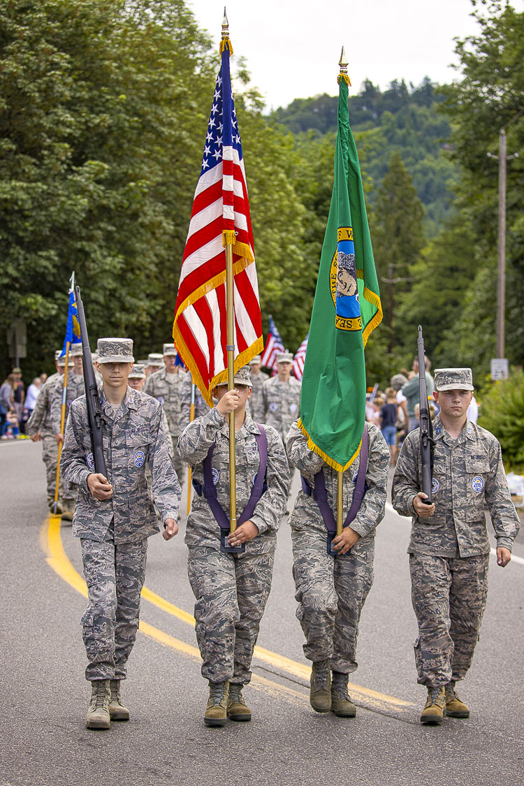 The Battle Ground High School AFJROTC presented the flags during Saturday’s parade. Photo by Mike Schultz