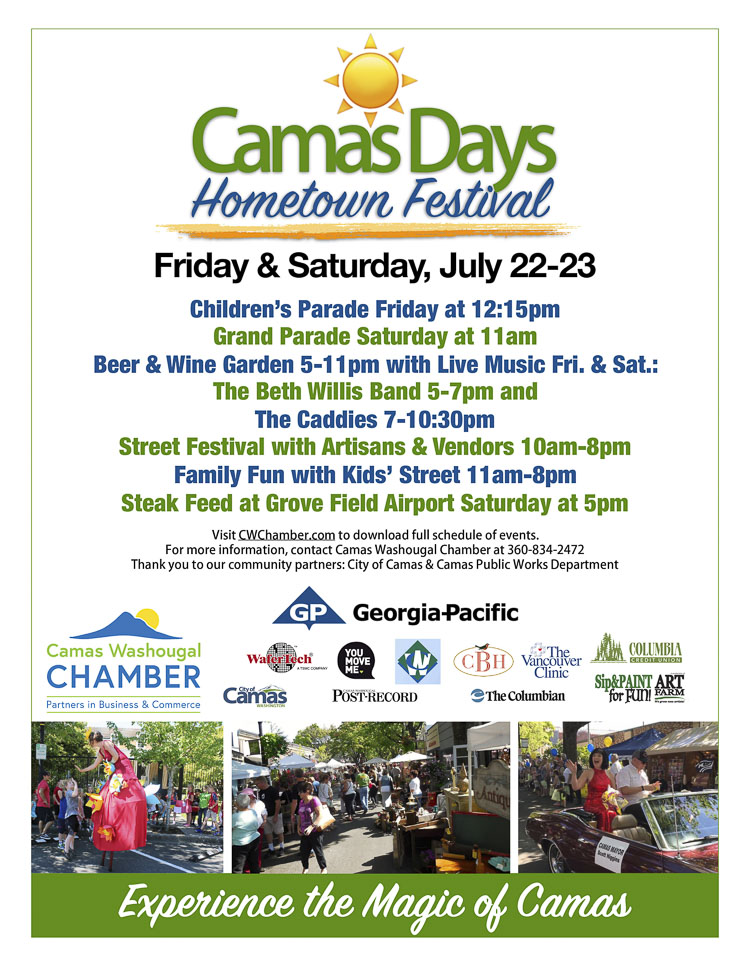 The Camas Days Hometown Festival is returning after a two-year hiatus. This flyer lists just some of the events scheduled to take place this week in Camas. Photo courtesy Camas-Washougal Chamber of Commerce