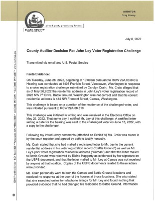 Kimsey tells Clark County Today that his ruling doesn’t affect Ley’s candidacy for state representative in the 18th Legislative District.