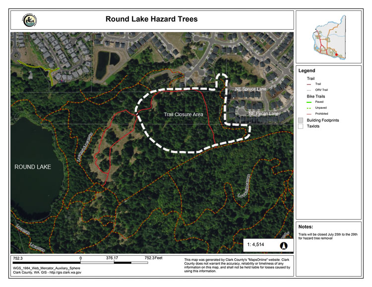 On July 25, Confluence Tree Service will begin removing hazardous trees in Lacamas Regional Park. Work is expected to be complete by July 29.