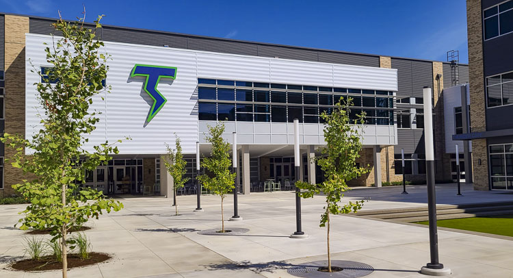 The new Mountain View High School, shown here from the courtyard, features a big Thunder T. Photo by Paul Valencia