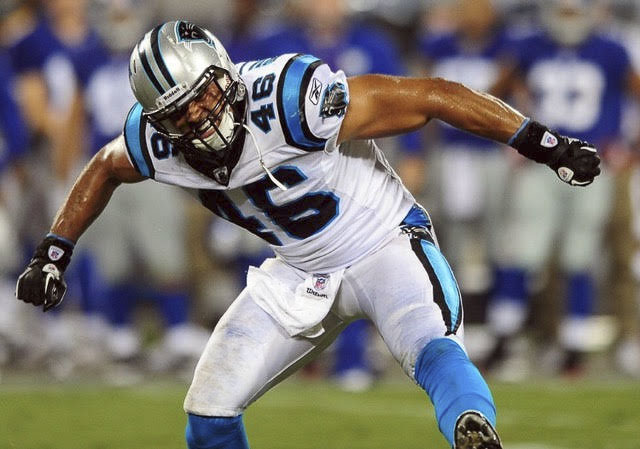 Thomas Williams celebrates after making a play for the Carolina Panthers. Photo courtesy Ridgefield School District