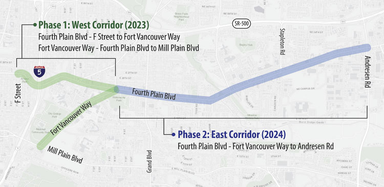 Map showing two construction phases for the Fourth Plain Blvd. and Fort Vancouver Way Safety and Mobility Study. Map courtesy city of Vancouver