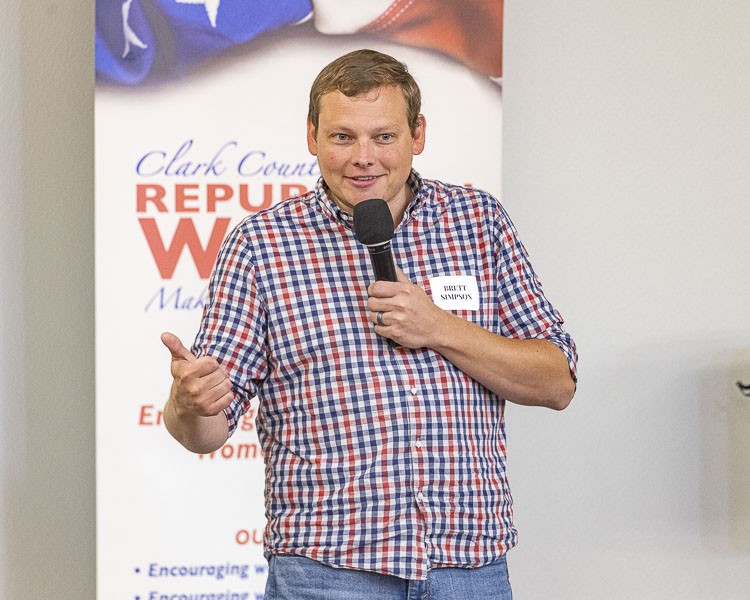 Clark County auditor candidate Brett Simpson answers questions from members of the audience at Friday’s event. Photo by Mike Schultz