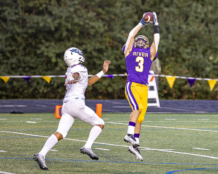 Thomas Blau caught the first touchdown on the new John O’Rourke Field for the Columbia River Rapids. Photo by Mike Schultz