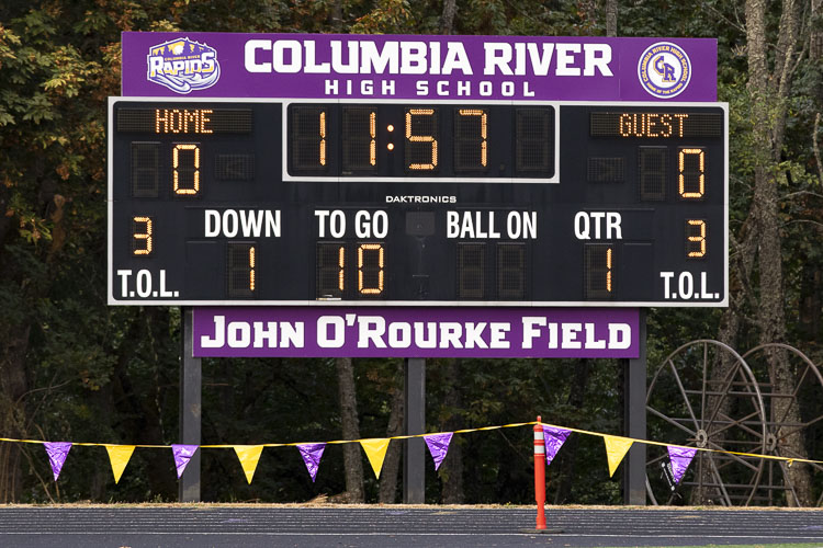 The new signage was revealed just hours before Columbia River’s football game on Friday night at the new John O’Rourke Field. Photo by Mike Schultz