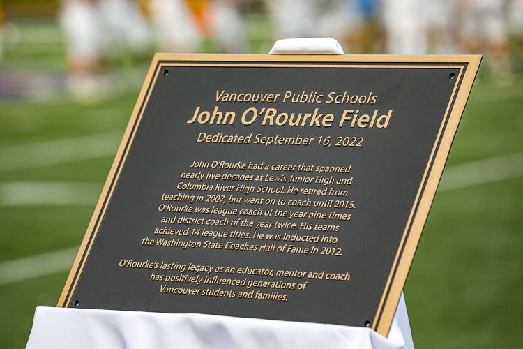 The plaque that explains just a bit of John O’Rourke’s legacy at Columbia River High School. Photo by Mike Schultz