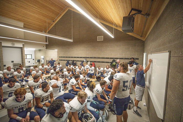 Full football teams have space now for pre-game talks and a halftime break at Kiggins Bowl with team rooms in the new fieldhouse. The old team areas were tiny for football standards. Photo by Mike Schultz
