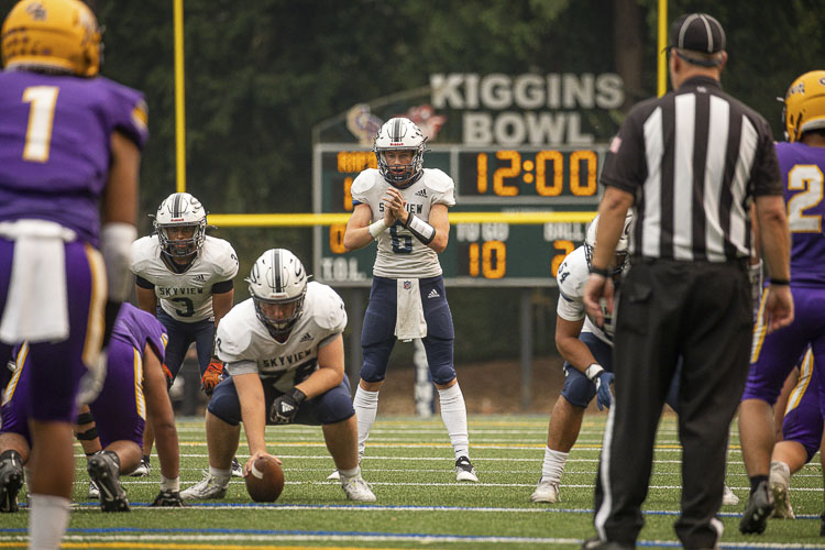 Jake Kennedy of Skyview led the Storm to a 41-13 victory over Columbia River in the first varsity football game at the renovated Kiggins Bowl. Photo by Mike Schultz
