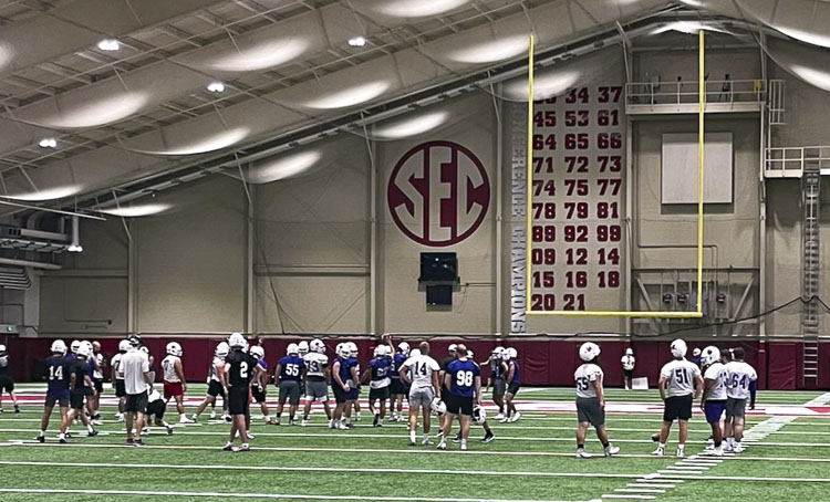 The Linfield Wildcats recently practiced at the University of Alabama’s indoor facility. Gary McGarvie, the vice principal at La Center High School, was there as part of Linfield’s broadcast team. Photo courtesy Gary McGarvie