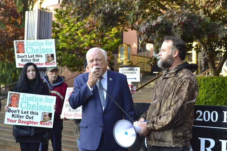 Clark County Council candidate Don Benton (with microphone) speaks to the crowd that gathered Wednesday morning near the Clark County Courthouse. Photo courtesy Leah Anaya