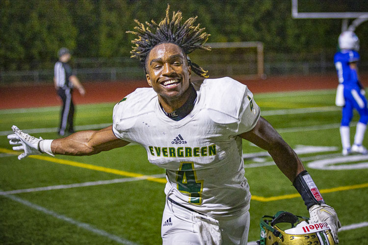 Evergreen’s Jonathan Landry hopes to be celebrating with his teammates again tonight. The Plainsmen take on Kelso with the top seed from the 3A GSHL on the line. Photo by Mike Schultz
