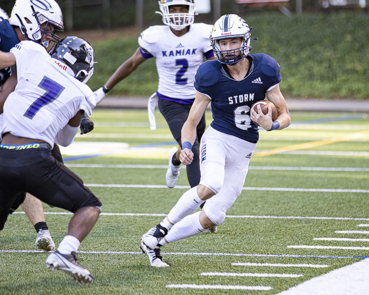 Skyview quarterback Jake Kennedy has thrown 14 touchdown passes this season, but he also does damage on the ground. He is his teams’ second leading rusher this season, and he has five rushing touchdowns. Photo by Mike Schultz
