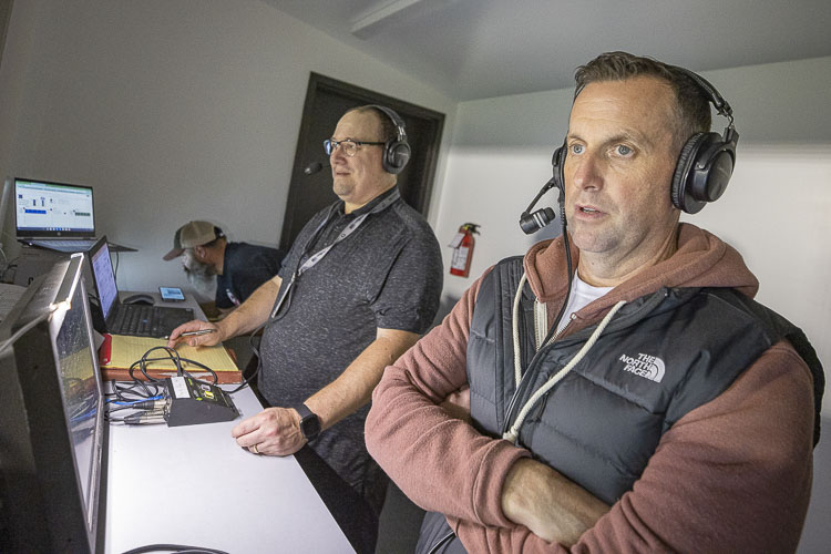 Paul Valencia, left, and Tony Liberatore were the announcers last week for the Skyview-Camas football game, which was broadcast by VPS Game Time. Liberatore is an associate principal at Fort Vancouver High School. Valencia is a reporter for Clark County Today. They both say the students behind the scenes make the broadcast so special. Photo by Mike Schultz