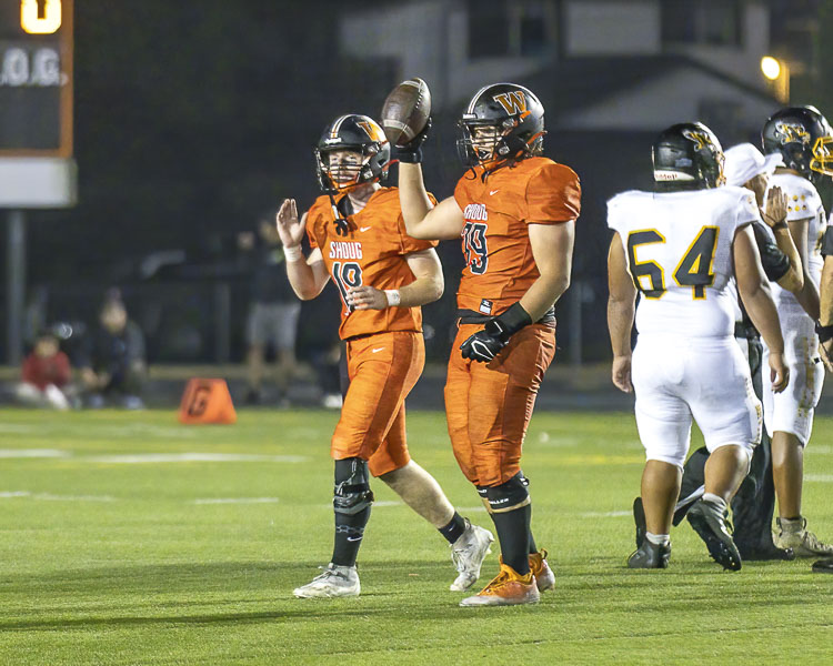 Jose Alvarez-Cruze also plays defense for the Washougal Panthers. Here he is, No. 79, after recovering a fumble Friday night against Hudson’s Bay. Photo by Mike Schultz