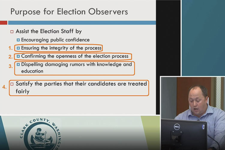 Vancouver resident Mark Engleman addresses the role of election observers in Clark County.