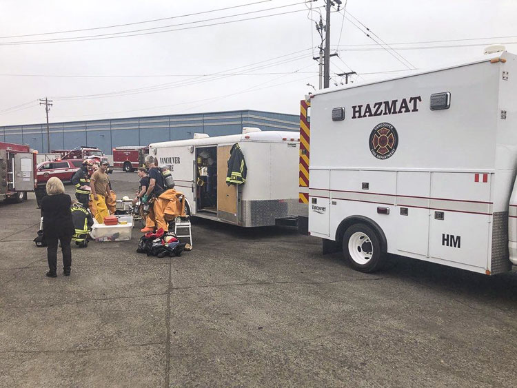HazMat team members prepare to make entry into the structure. Photo courtesy Vancouver Fire Department