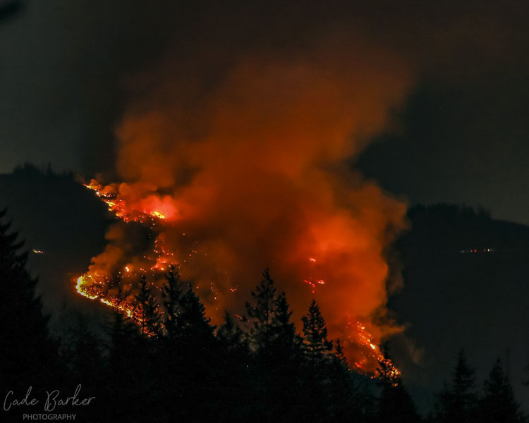 A wildfire started burning in Clark County Sunday afternoon near the Larch Mountain area. Photo courtesy Cade Barker/Barker Photography