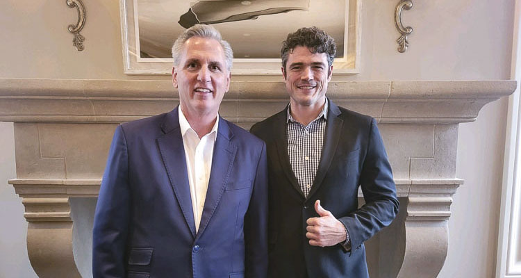House Minority Leader Kevin McCarthy of California (left) is shown here at a recent fundraising event for Joe Kent in Camas. File photo