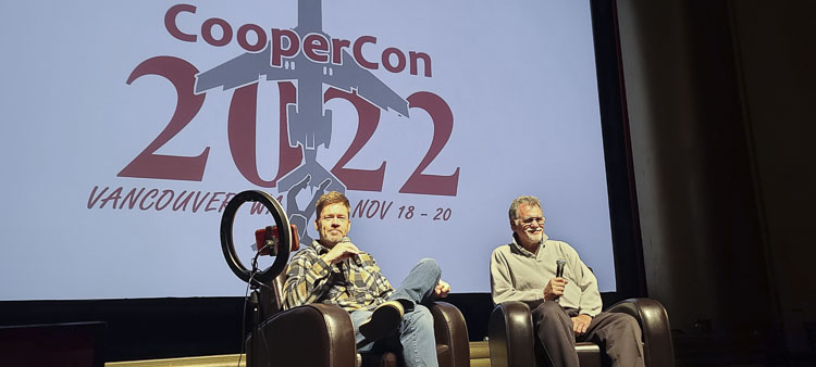 Eric Ulis, left, and Tom Kaye open CooperCon on Friday morning at Kiggins Theater. The two are experts in following the evidence for the only unsolved skyjacking case in American history. Next week will mark 51 years since D.B. Cooper jumped out of an airliner with cash and a parachute. Photo by Paul Valencia