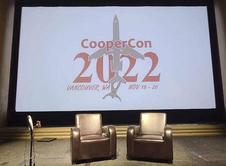 The stage at Kiggins Theater is set for discussions on the D.B. Cooper case. CooperCon started Friday and continues Saturday and Sunday. Photo by Paul Valencia