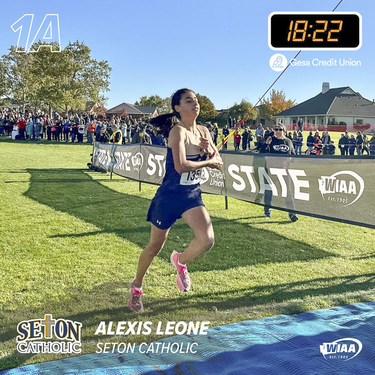 Alexis Leone of Seton Catholic won her second consecutive Class 1A girls state cross country crown on Saturday. Photo courtesy Andy Knapp/WIAA
