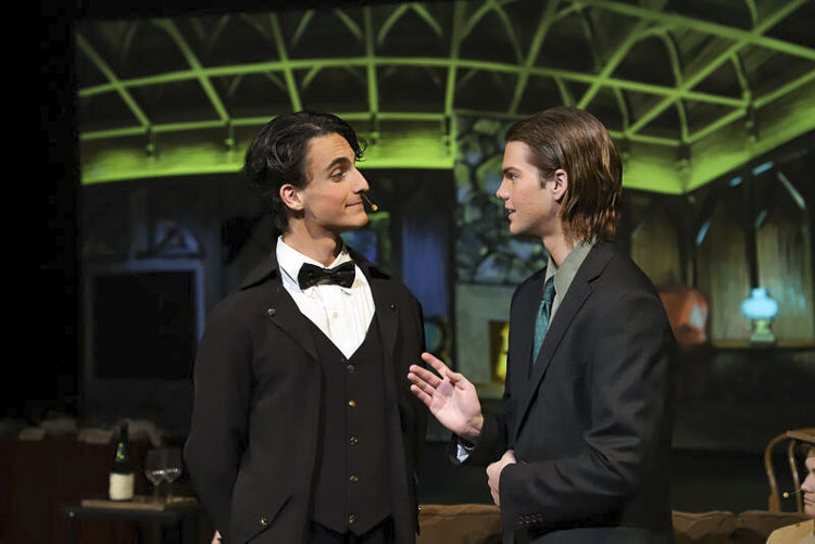 Wadsworth, the butler (left, played by Caleb Ceravolo), chats with Mr. Green (right, Caige Sothern). Photo courtesy Ridgefield School District