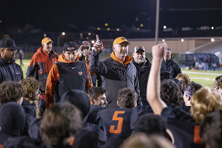 Washougal coach David Hajek addresses the Panthers after Saturday’s win. He said this season has been special not only for the team and the school, but the entire Washougal community. Photo by Mike Schultz