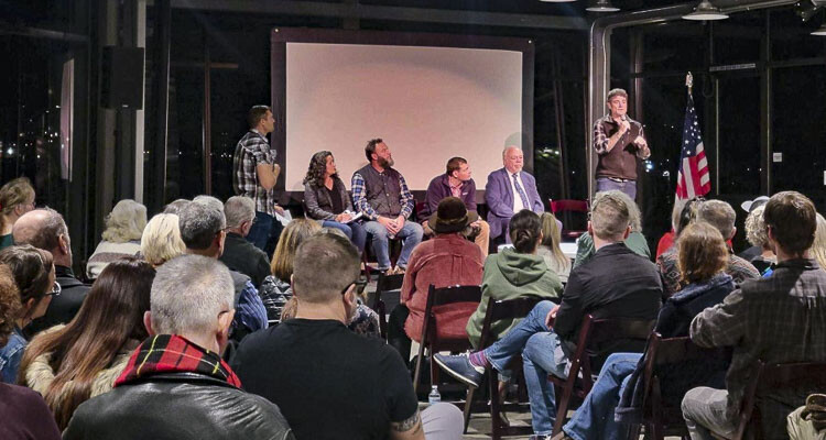 Joe Kent speaks to those gathered at a Patriots United event Thursday evening at the Black Pearl on the Columbia in Washougal. Photo courtesy Leah Anaya