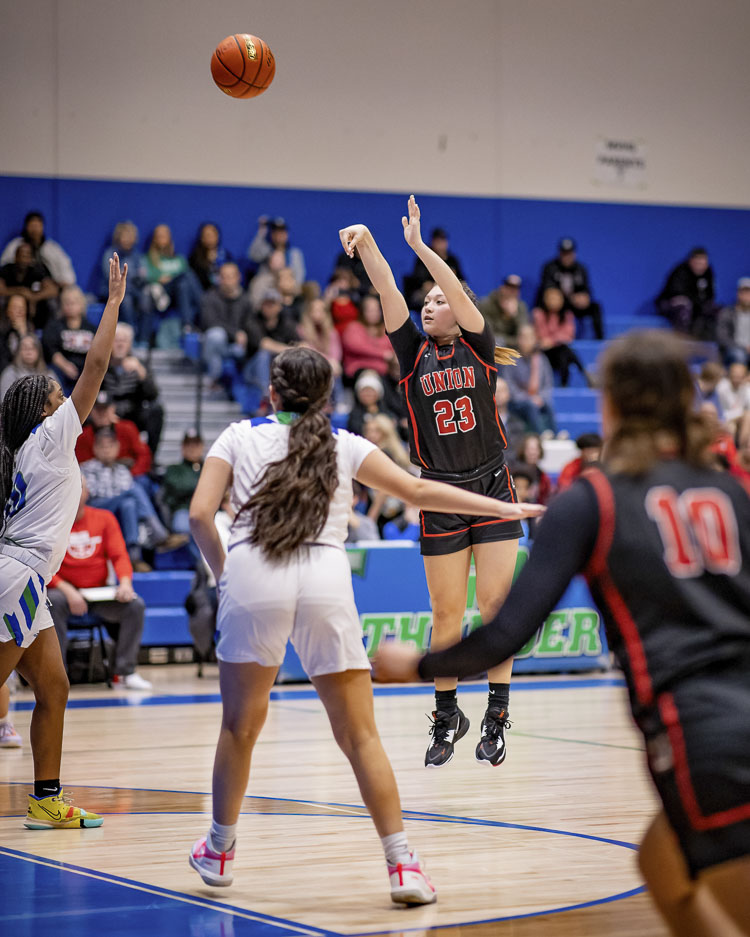 Brooklynn Haywood’s shooting form is impressive. The freshman from Union scored 23 points - her jersey number - in her high school debut last week against Mountain View. This week, she set a program record with 35 points in a game. Photo courtesy Heather Tianen