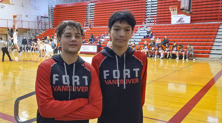 Anotonio Barajas (left) and Ahron Melendez, two seniors from Fort Vancouver, are proud to showcase their basketball program and their school as the Trappers host the Fort Vancouver Holiday Tournament this week. Photo by Paul Valencia