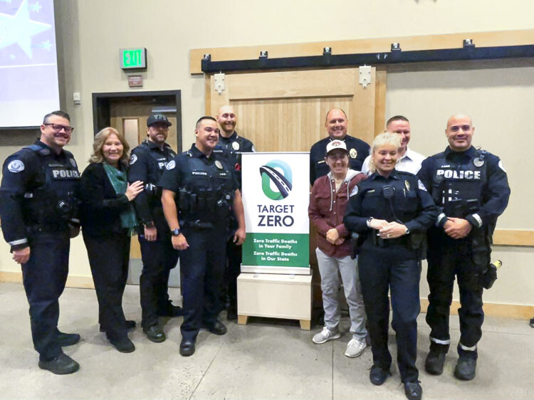 VPD recipients with Mayor Anne McEnerny-Ogle and CPD Chief Jeff Mori are shown here. (left to right) Officer Eric McCaleb, Mayor Anne McEnerny-Ogle, Officer Casey Heinzman, Officer Brad Miller, Officer Sean Donaldson, Chief Jeff Mori, Sgt. Holly Musser, Lt Kathy McNicholas, Officer Bob Block, Officer Jeff Anaya. Photo courtesy Leah Anaya