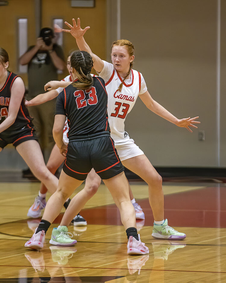 Camas junior Addison Harris scored 23 points and grabbed 18 rebounds on Tuesday, and she is also a tenacious defender for the Papermakers. Photo by Mike Schultz