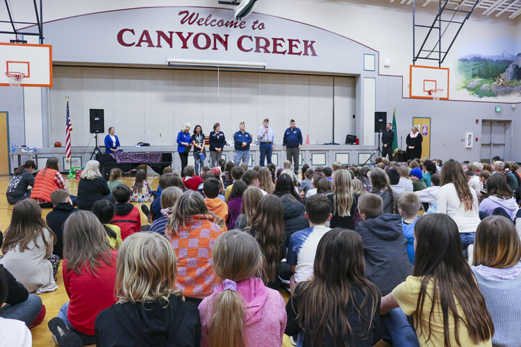Cape Horn-Skye Elementary and Canyon Creek Middle School students gather at CCMS for an assembly to honor art teacher Alice Yang. Photo courtesy Washougal School District